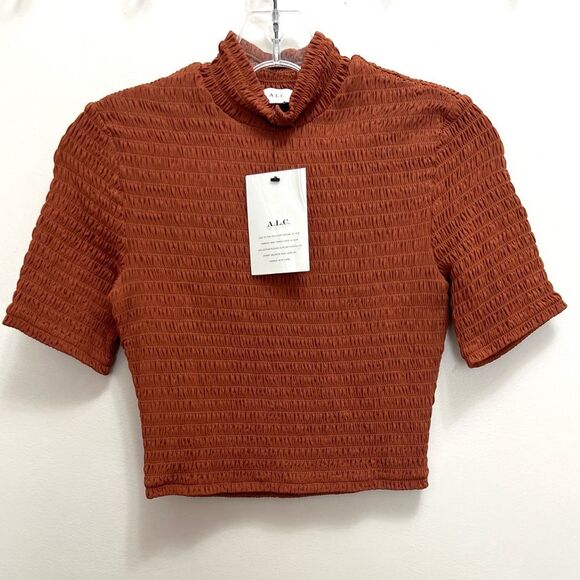 NWT A.L.C. Dana Smocked Top Short Sleeve Cropped in Deep Amber Brown Size S - Picture 4 of 7